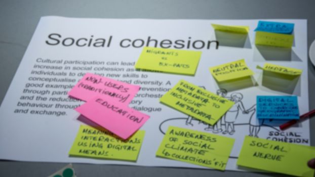 Sticky notes on a piece of paper with the text 'social cohesion'